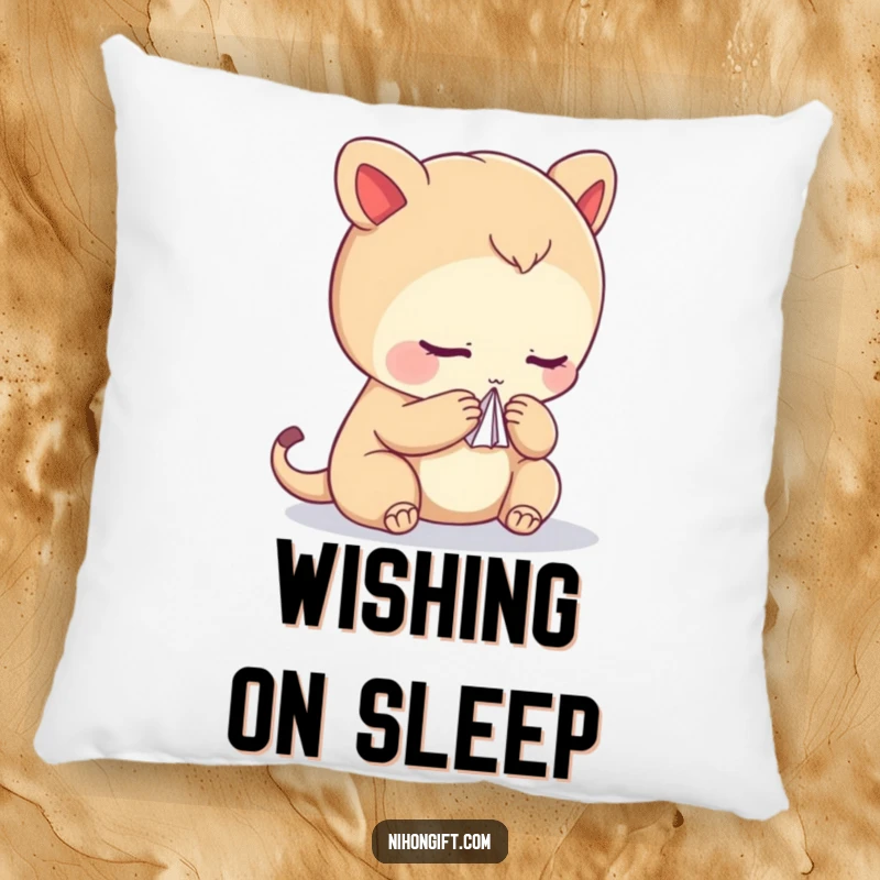 Funny throw pillow featuring a bowing creature holding a delicate paper crane, adding artistic and humorous charm.