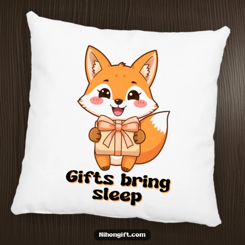 Funny fox pillow featuring a grinning fox presenting a beautifully wrapped gift, offering soft, humorous comfort and festive cheer.