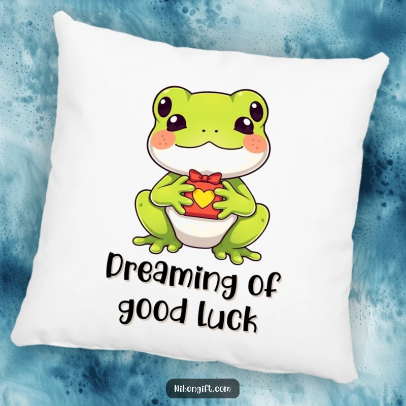 Funny kawaii frog holding a tiny lucky charm gift on a soft pillow, bringing whimsical comfort and good luck.