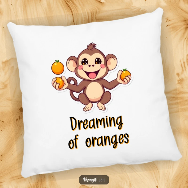 Funny Kawaii Monkey Pillow depicting a monkey juggling oranges with a mischievous grin.