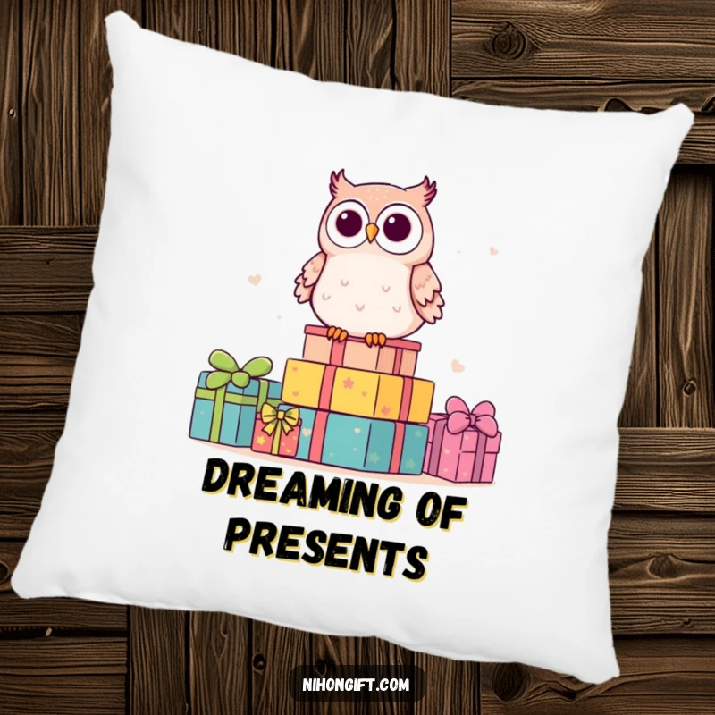 Funny kawaii owl resting on a mound of gifts, offering soft comfort and humorous appeal on a pillow.