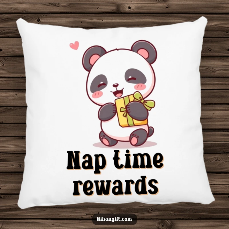 Funny kawaii panda holding a gift with a ribbon on a soft pillow, bringing cute charm and humorous comfort.