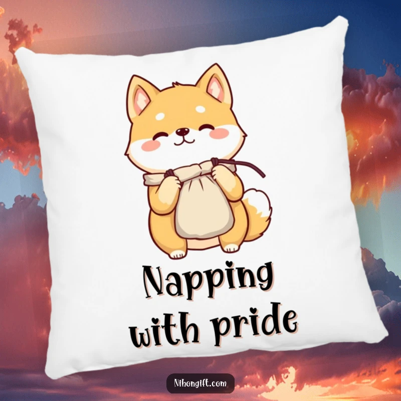 Funny cheerful Shiba Inu character on a pillow, proudly presenting a delicate silk pouch, creating a cozy scene.