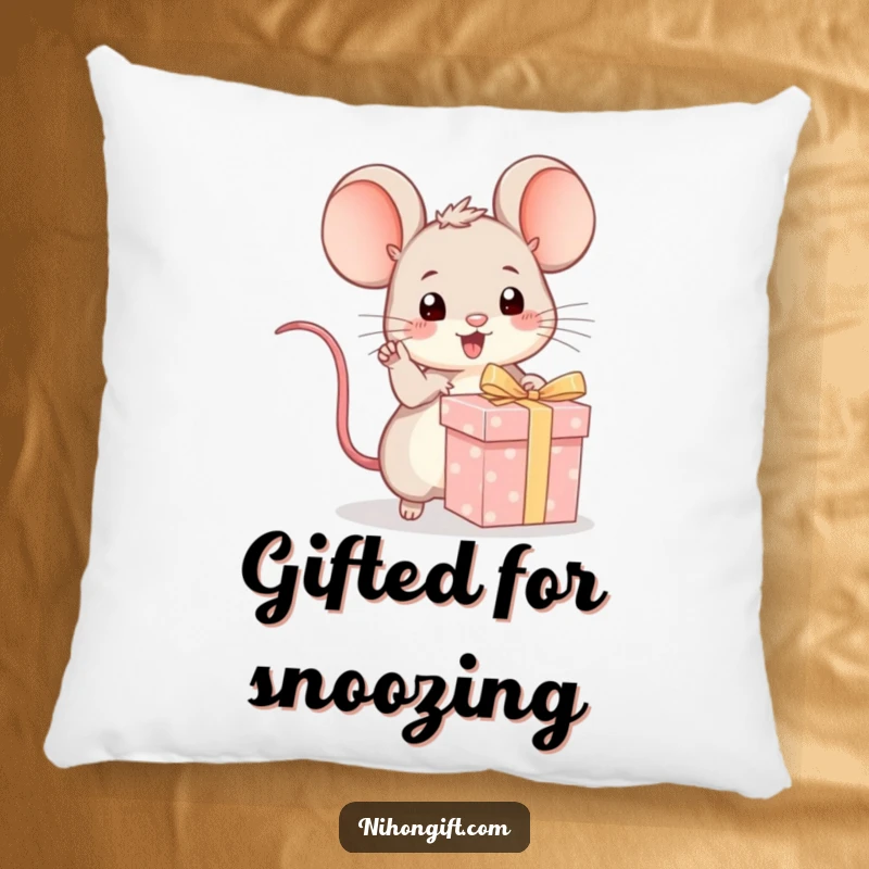 Funny kawaii mouse excitedly pointing at a wrapped gift on a soft pillow, bringing playful comfort and anticipation.