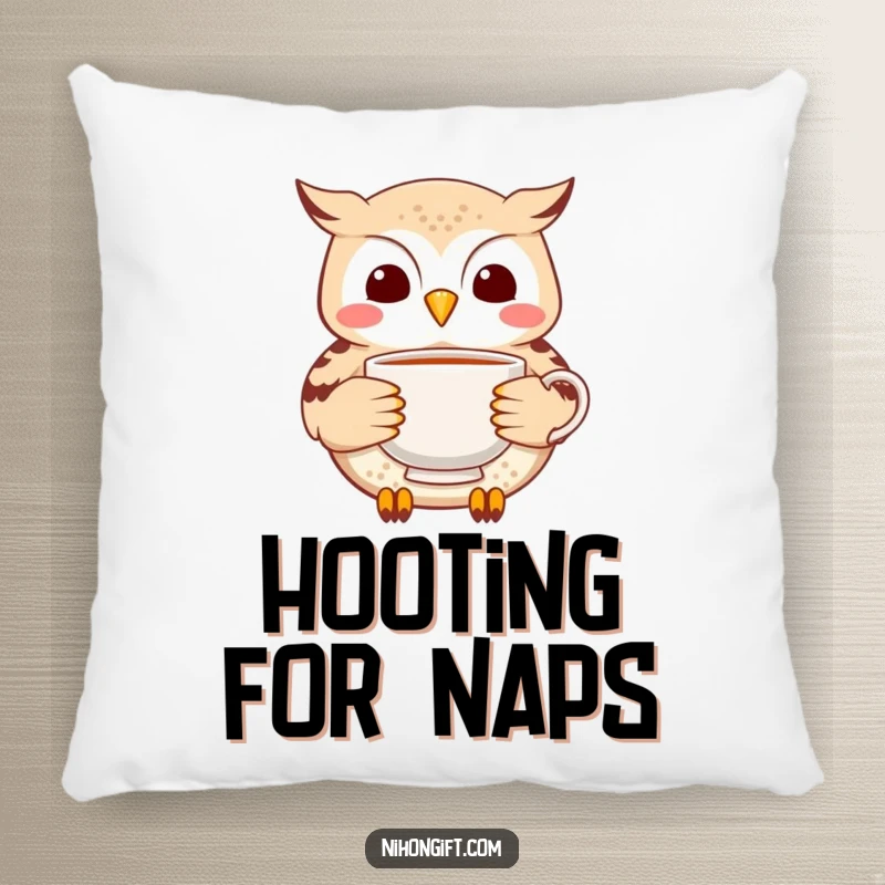 Funny Owl Tea Pillow: Cheerful owl carefully delivering a delicate ceramic tea cup, perfect for relaxing.