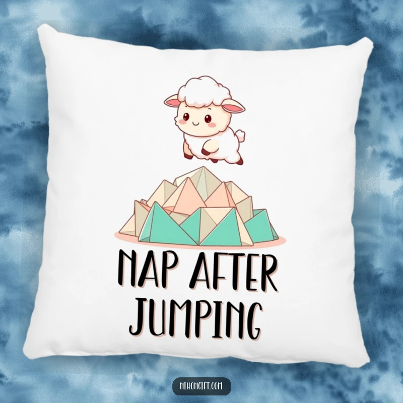 Funny Kawaii Sheep Pillow depicting a sheep bounding over a pile of folded origami.