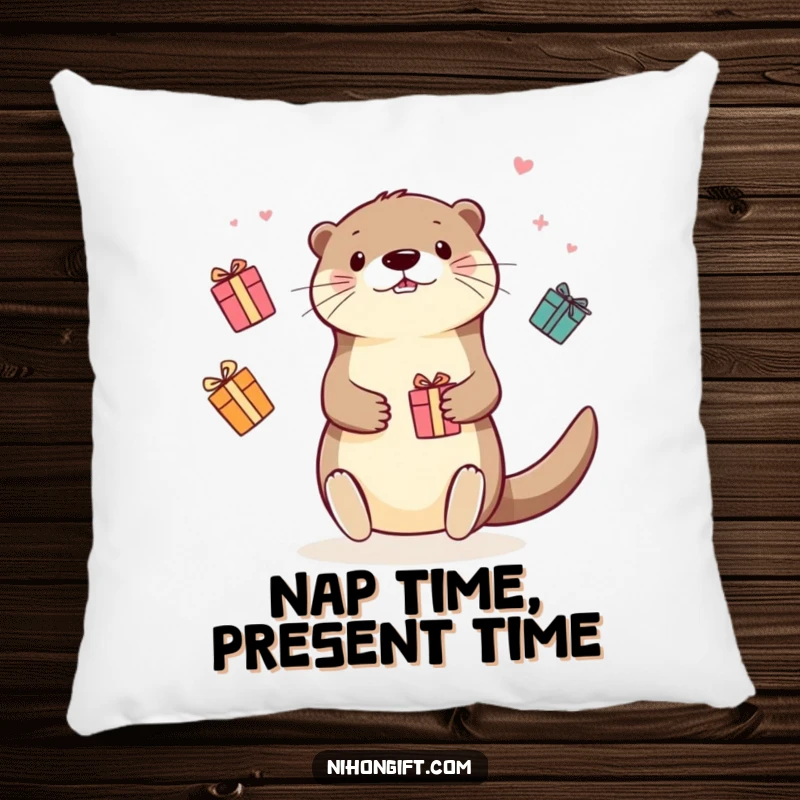 Funny Kawaii Otter Pillow: Cute otter artistically juggling multiple small, vibrant gift boxes, radiating playful happiness.
