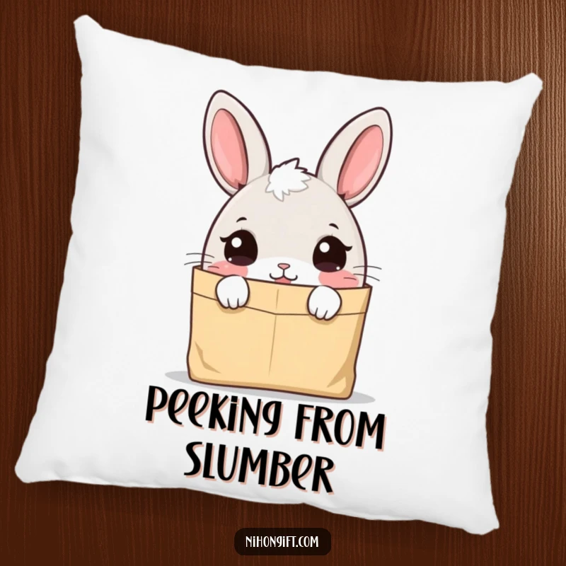 Funny cute bunny character on a pillow, peering curiously into a paper bag, creating a cozy scene.