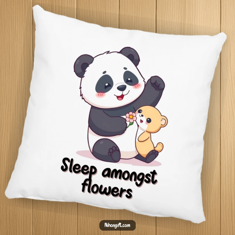 Funny pillow featuring a playful panda offering a delicate flower, perfect for adding humorous and cozy decor.