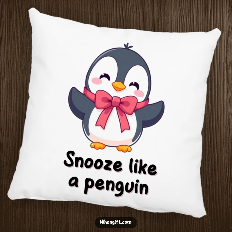 Funny pillow showcasing a cute penguin character presenting a beautifully tied ribbon, providing comfort and wintery fun.
