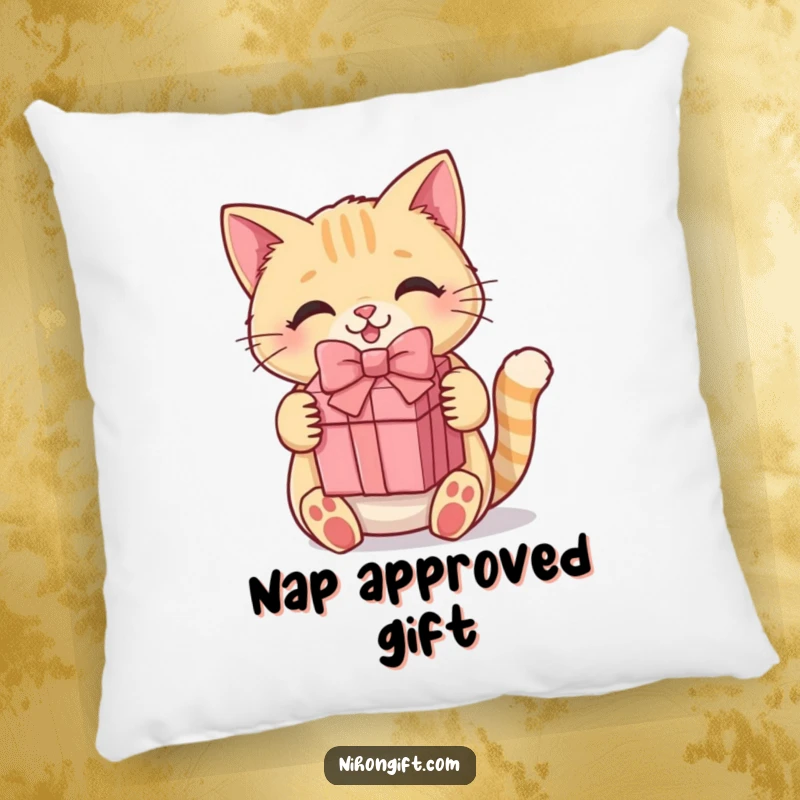 Funny kawaii cat pillow with a plush texture, showing a lovable cat holding a present, perfect for cuddling.