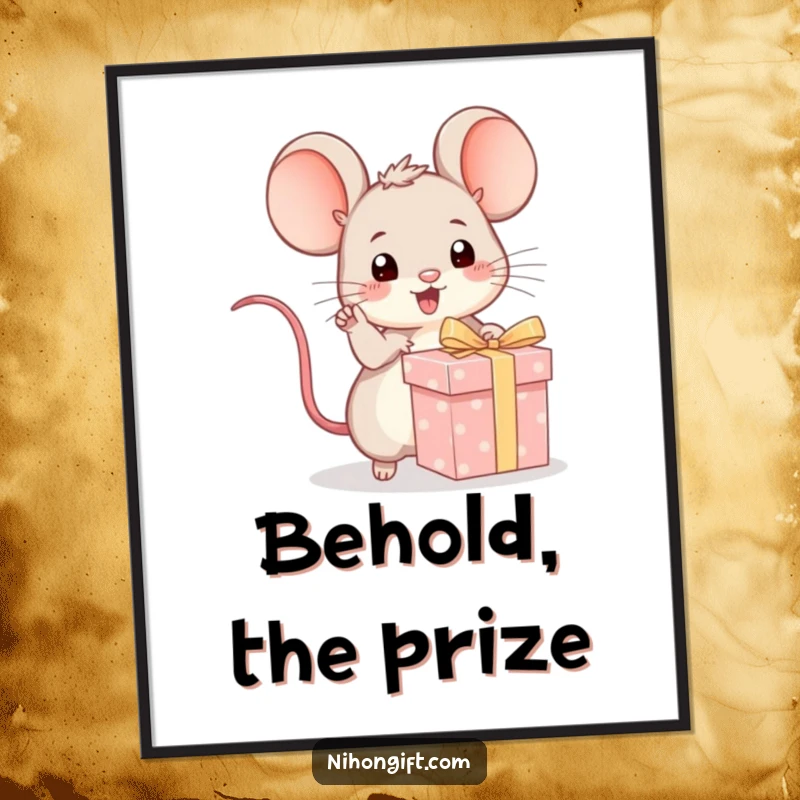 Funny kawaii mouse excitedly pointing at a wrapped gift, rendered as digital art for instant playful charm.