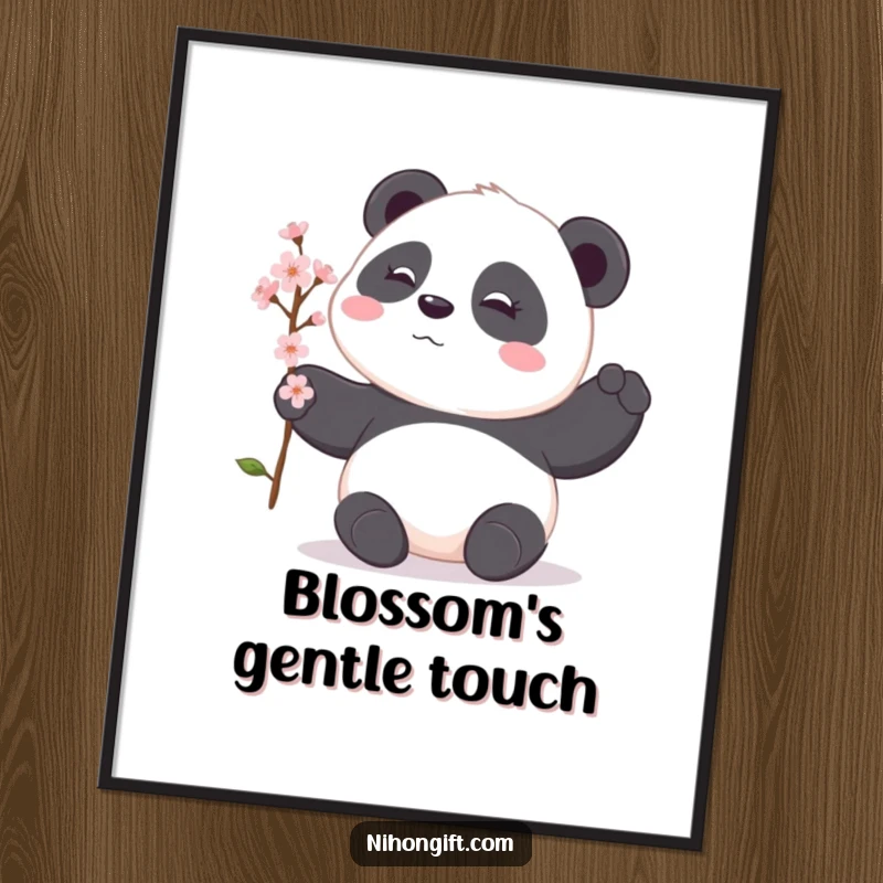 Funny panda digital art print of a shy panda offering a cherry blossom branch, conveying gentle giving and serene humor.