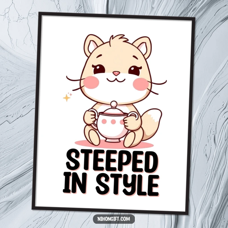 Funny digital art print of an animal holding a delicate tea set and a polite smile, perfect for elegant decor.