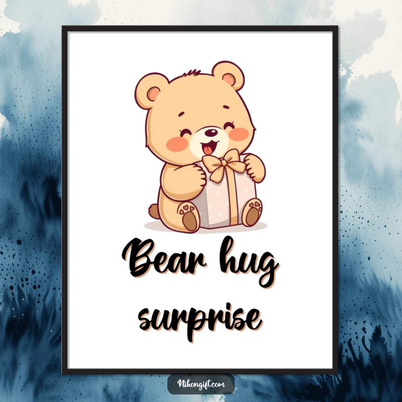 Funny bear digital art print of a bear enthusiastically opening a gift, conveying excitement and joy.