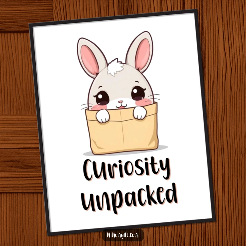Funny bunny digital art print of a cute character peeking curiously into a paper bag, ideal for decor.