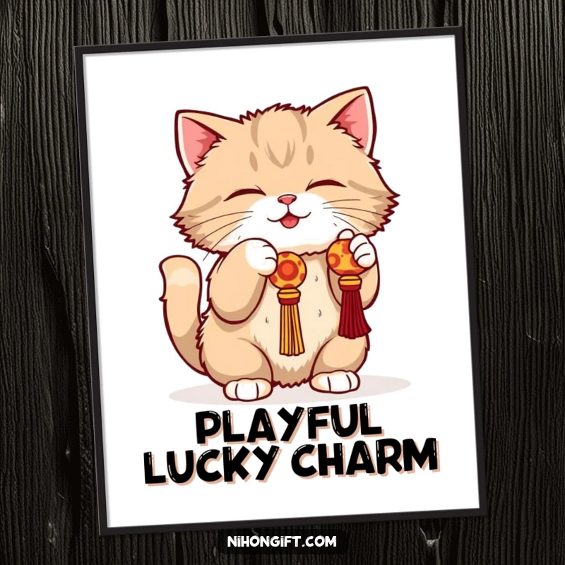 Funny cat digital art print of a fluffy cat in a playful crouch batting at a dangling lucky charm.