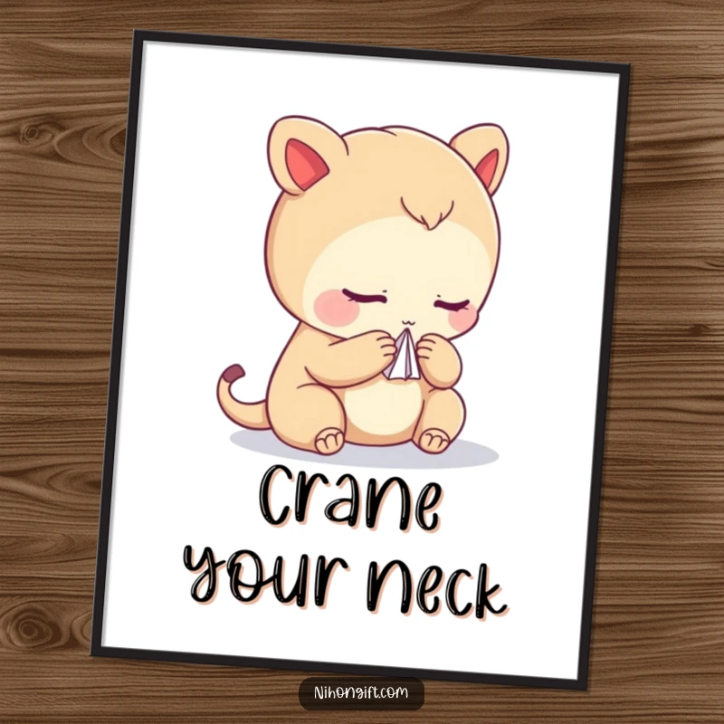 Funny digital art print of a creature bowing with an intricately folded paper crane, exuding elegance.