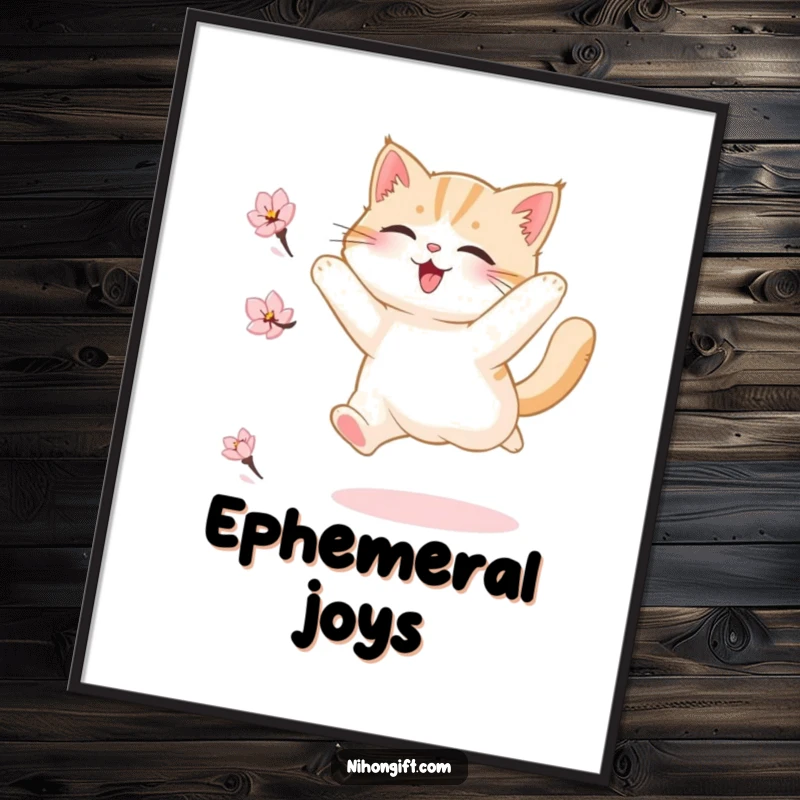 Funny digital art print capturing a fluffy cat mid-air, joyfully leaping to chase a single, delicate cherry blossom petal.