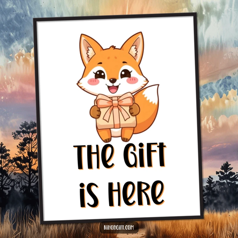 Funny fox digital art print of a grinning fox presenting a beautifully wrapped gift, conveying playful generosity and cheerful humor.
