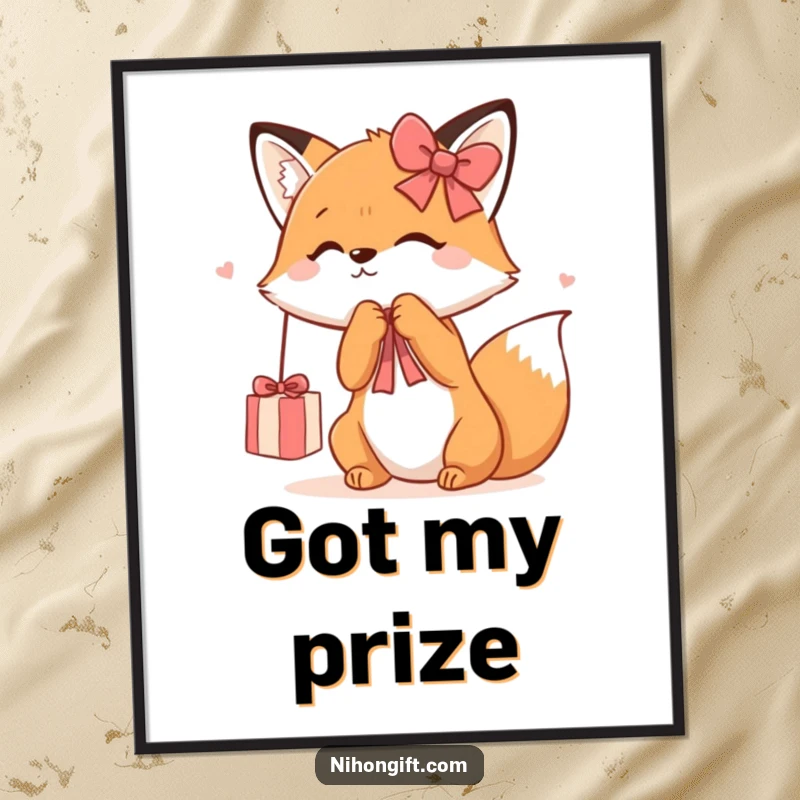 Funny Kawaii Fox Digital Art Print showing a cute fox playfully batting at a dangling gift ribbon, bringing instant charm and smiles.