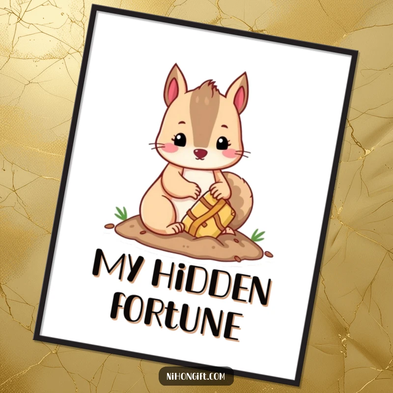 Funny kawaii squirrel burying a wrapped treasure, rendered in cute, humorous digital art for instant download.