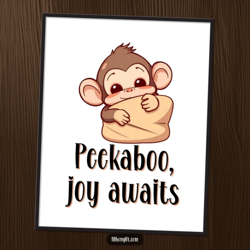 Funny monkey digital art print of a mischievous monkey peeking from behind a wrapped item, perfect for instant decor.
