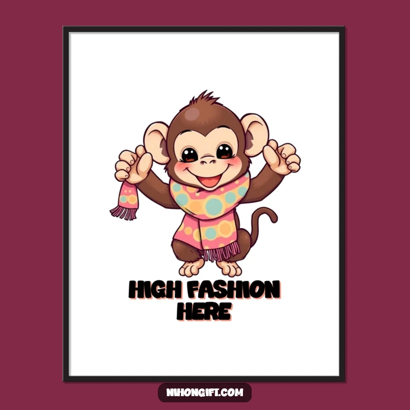 Funny Monkey Digital Art: Playful Primate's Scarf Gift for Radiant Wall Decor