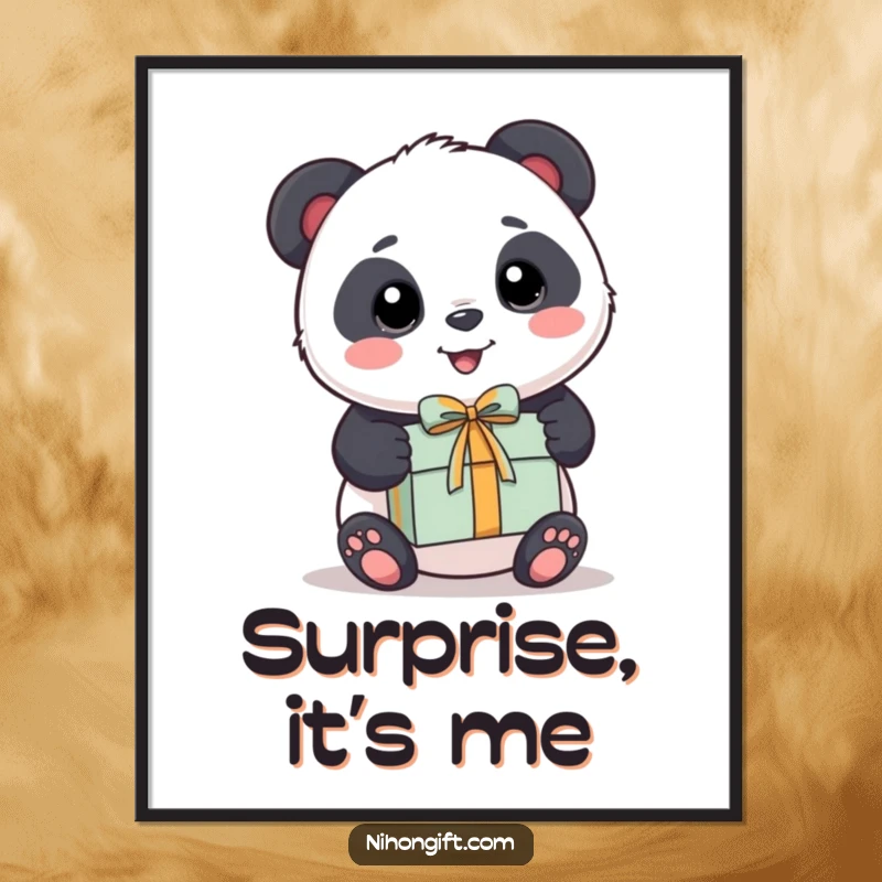 Funny Panda Digital Art: A printable image of a kawaii panda happily presenting a wrapped gift.