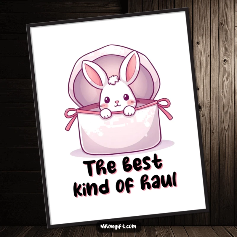 Funny rabbit digital art print, peeking from a shimmering gift bag, ideal for instant, whimsical wall decor and delightful surprises.