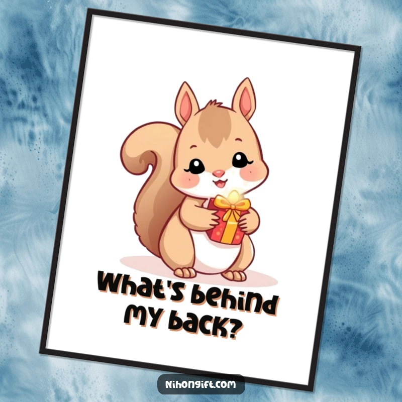 Funny Squirrel Digital Art: A printable image of a kawaii squirrel hiding a small, shiny gift.
