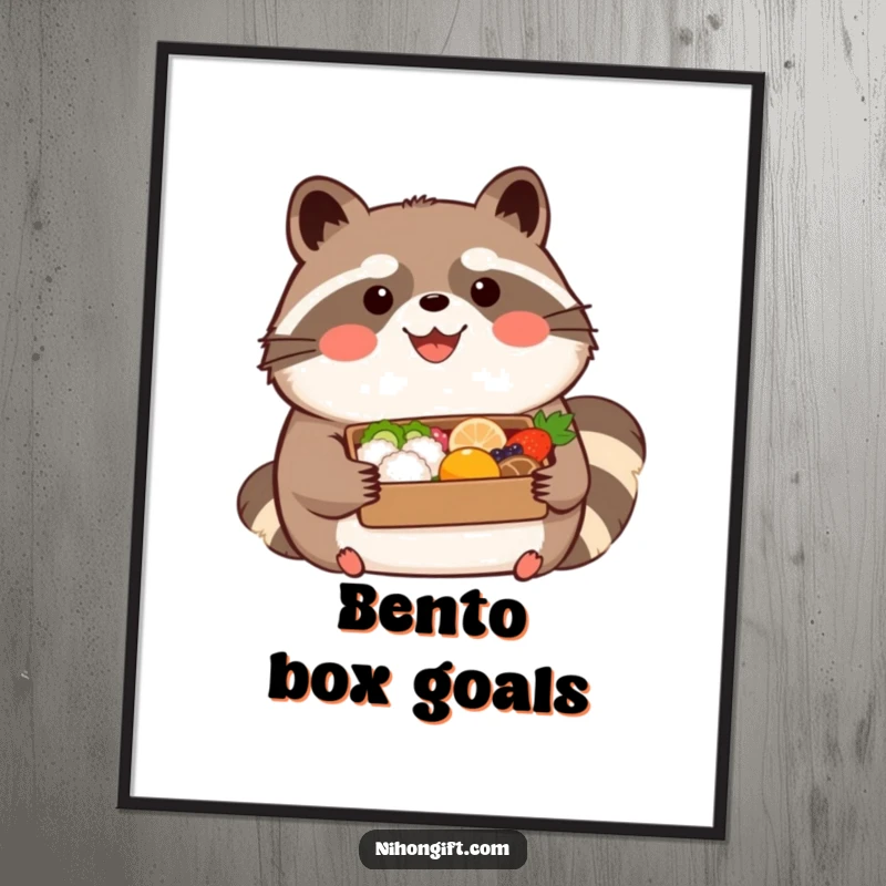 Funny kawaii tanuki wearing a happy expression, holding a beautifully presented bento, tasty digital art print for humorous decor.