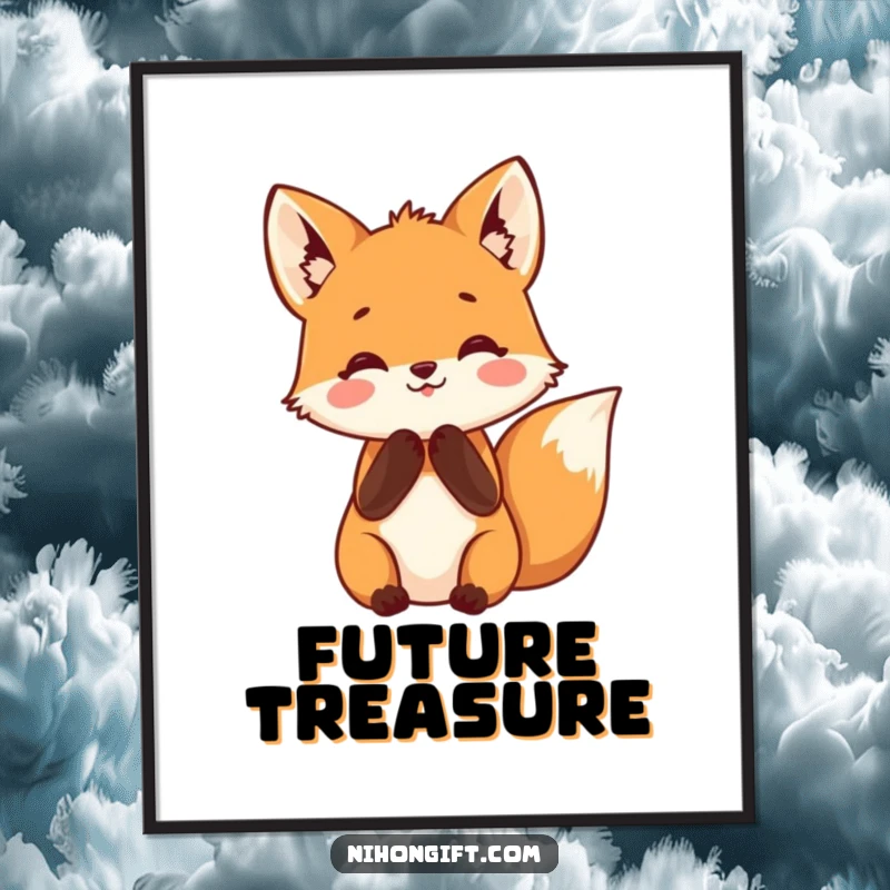 Funny fox digital art print of a fox with paws clasped in happy anticipation, conveying joy and excitement.