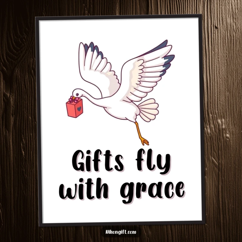 Funny Kawaii Crane Digital Art Print showing a crane flying with a delicate gift box.