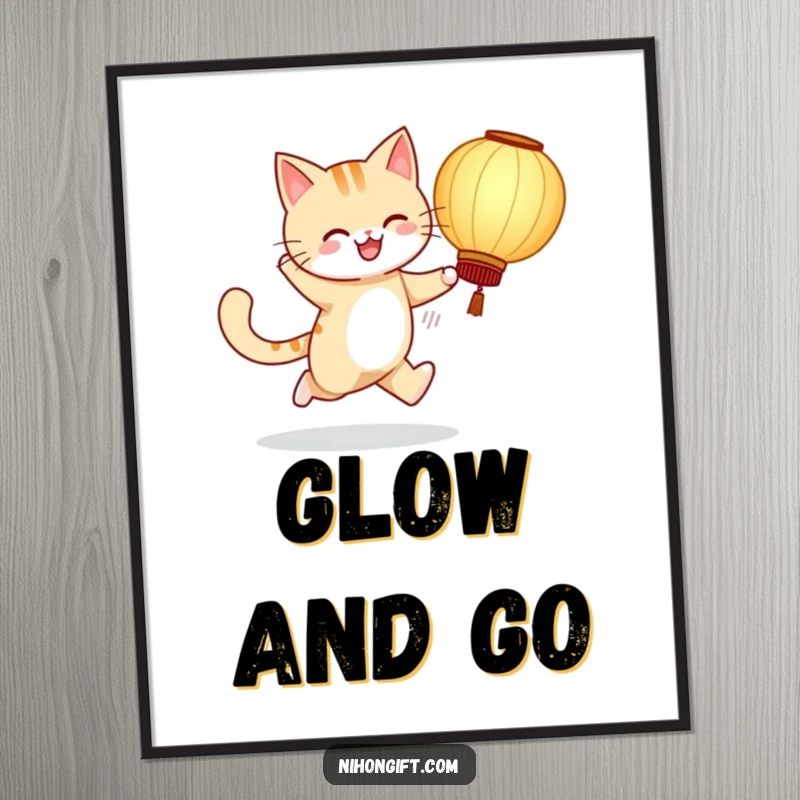Funny digital art print of a cheerful cat skipping with a large paper lantern, perfect for vibrant decor.