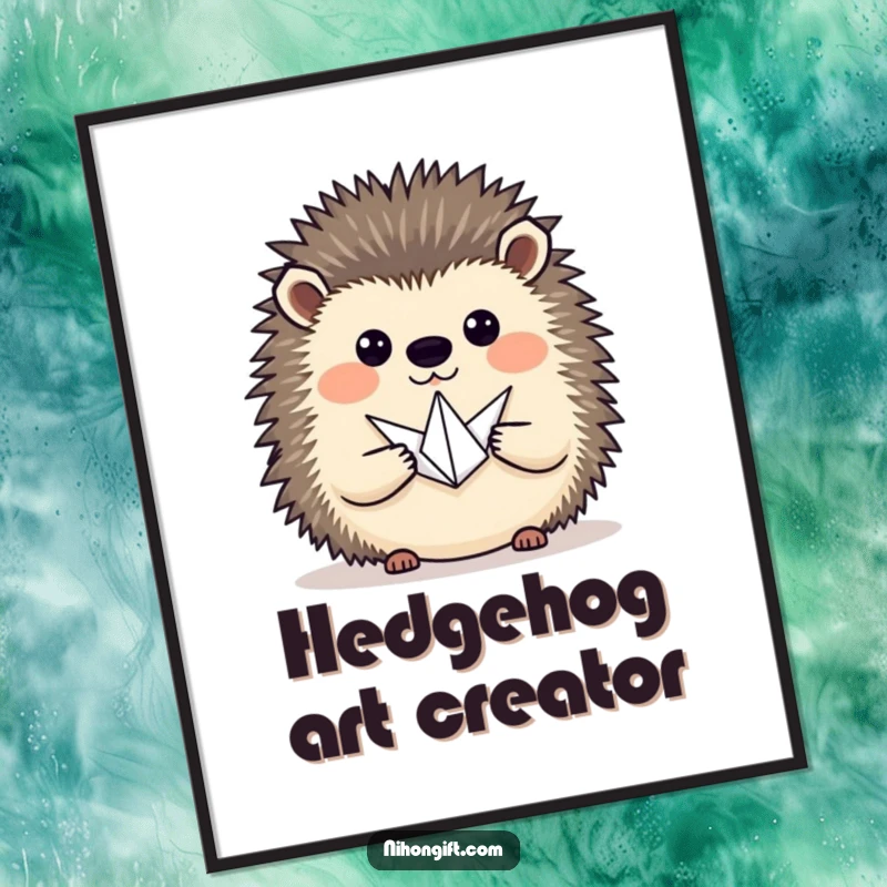 Funny hedgehog proudly presenting a tiny origami crane, available as a downloadable digital art print for instant decor.