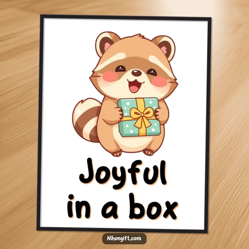 Funny tanuki digital art print of a joyful character holding a beautifully wrapped present, ideal for decor.