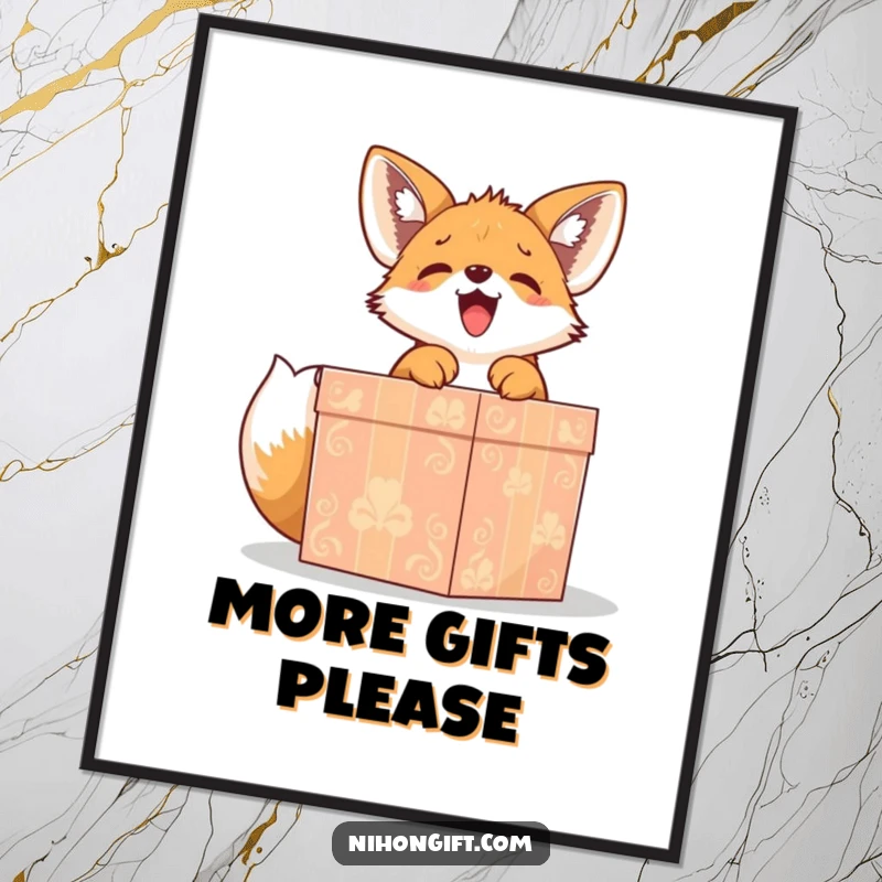 Funny cute fox puppy gleefully unwrapping a large, ornate gift box, joyful digital art print for humorous decor.