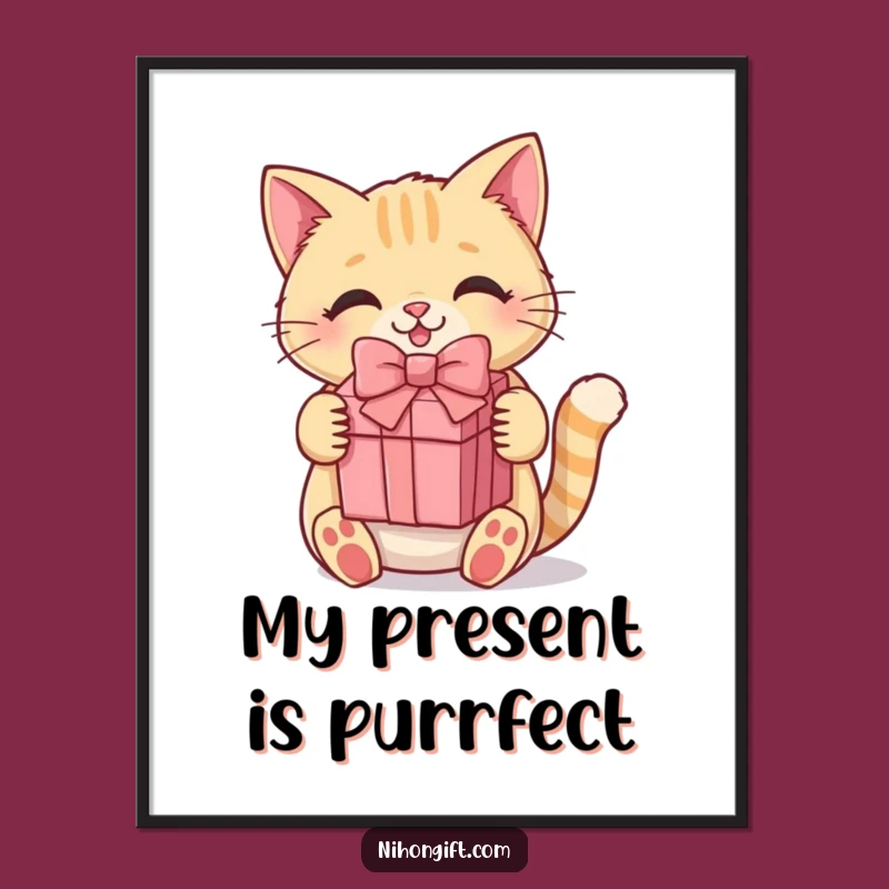 Instant Download Funny Kawaii Cat Art: Cute Kitty Holding Gift Digital File