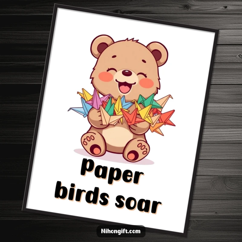 Funny digital art print of a joyful bear cub holding a stack of colorful origami cranes, perfect for decor.