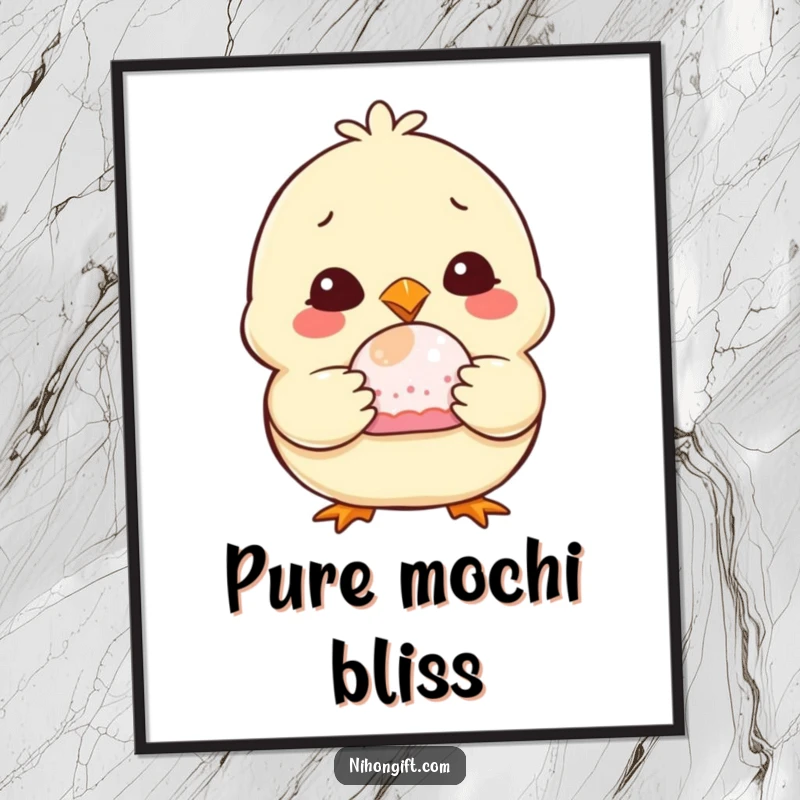 Funny Chubby Chick Mochi Digital Art Print of a happy chick holding a mochi, ready to be printed and framed.