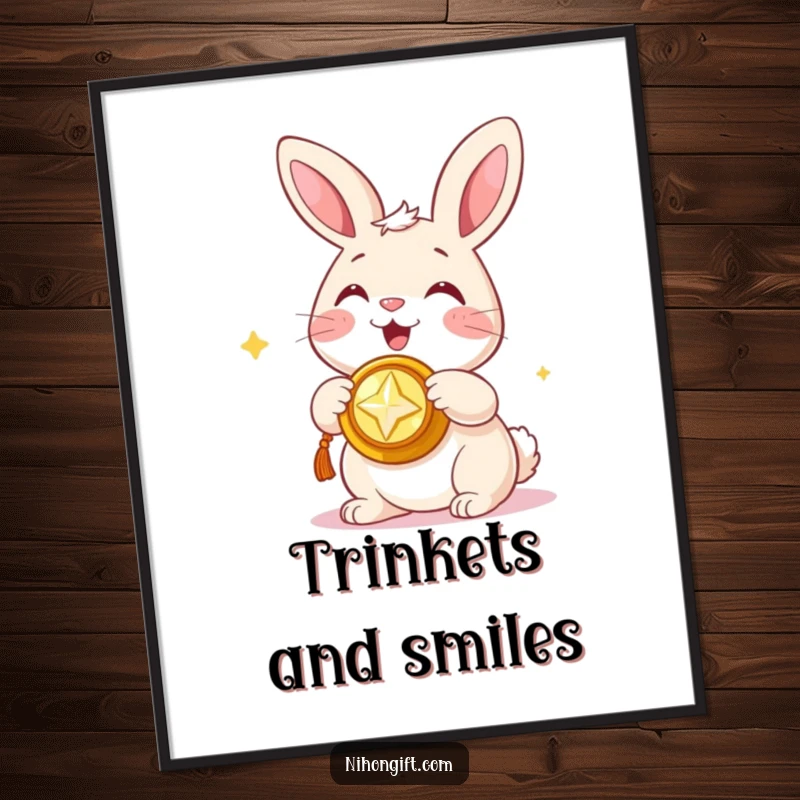 Funny digital art print of a happy bunny presenting a shiny, auspicious trinket, perfect for decor.
