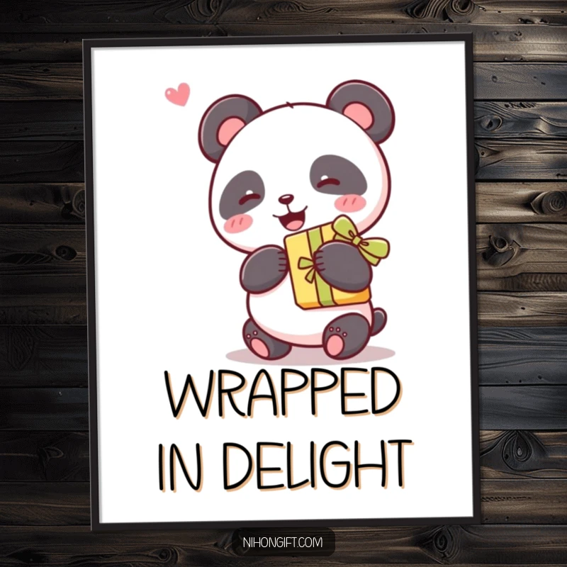 Funny kawaii panda joyfully holding a gift with a ribbon, rendered as digital art for instant adorable charm.