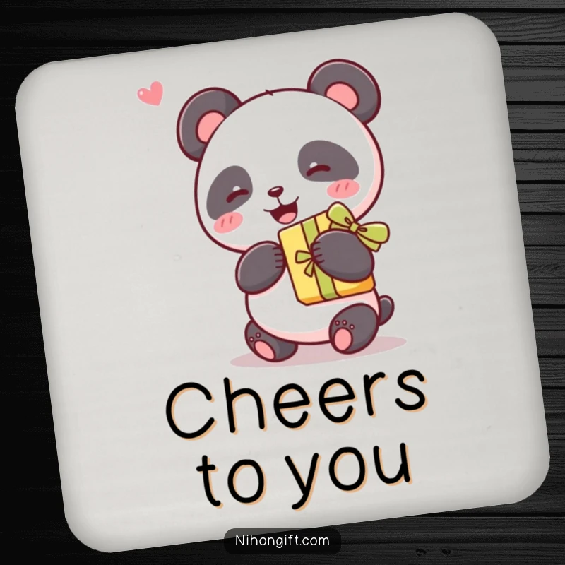 Funny kawaii panda joyfully holding a gift with a ribbon on a drink coaster, adding cute charm to tabletops.
