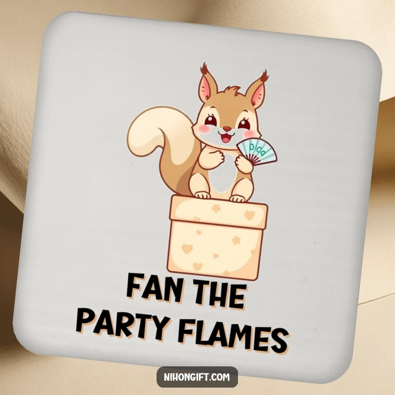 Funny squirrel coasters showing a happy squirrel on a gift box with a tiny fan, perfect for protecting surfaces.