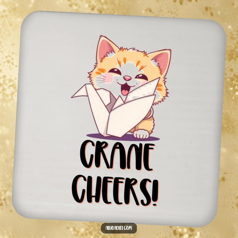 Funny cat coasters with an ecstatic fluffy cat peeking from behind an origami crane, adding lucky charm.