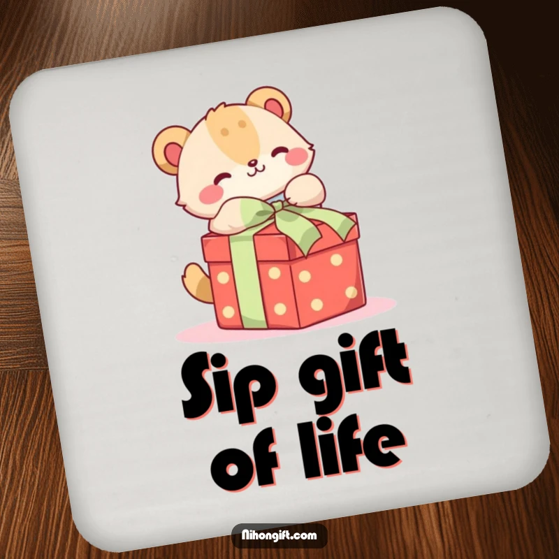 Funny drink coaster with a cute animal happily unwrapping a beautifully tied gift box, perfect for tabletops.