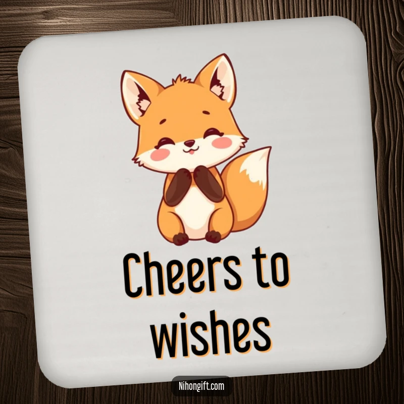 Funny fox coasters featuring a small fox with paws clasped in happy anticipation, protecting tables with humor and charm.