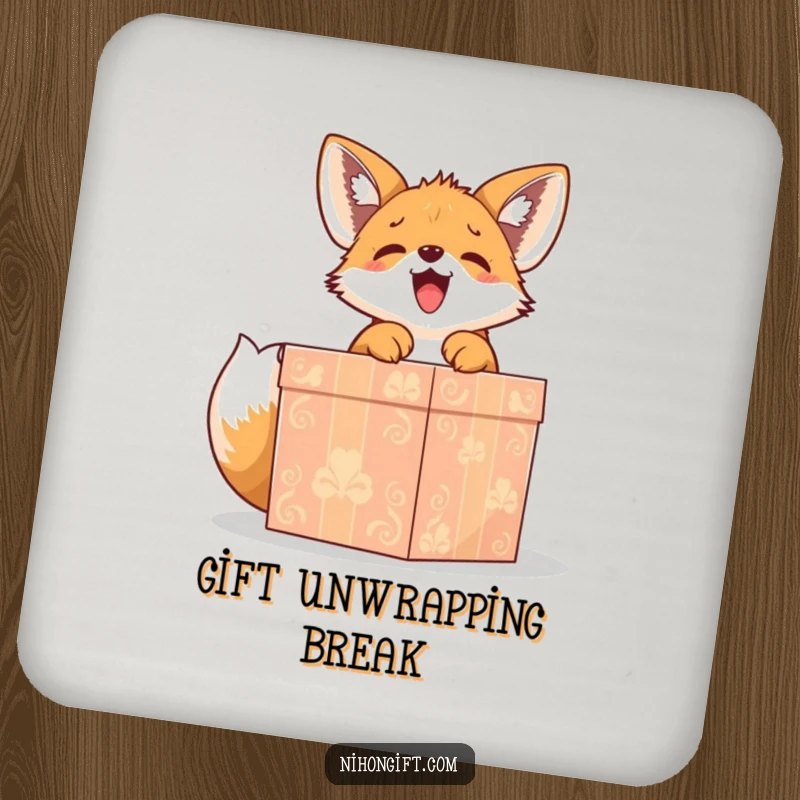 Funny cute fox puppy gleefully unwrapping a large, ornate gift box on drink coasters, a humorous and protective accessory.