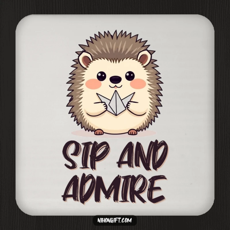 Funny hedgehog proudly presenting a tiny origami crane on a protective drink coaster, adding artistic charm.
